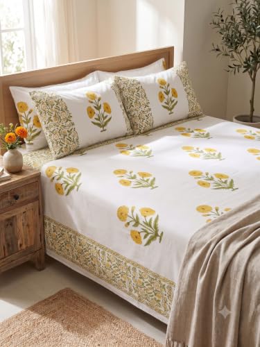Image of Premium Bedsheet with 2 Pillow Covers I Hand Block I Pure & Soft Cotton I 300 TC I 90x108 inches (King Size Double Bed Bedcover) I Floral Pattern I Yellow