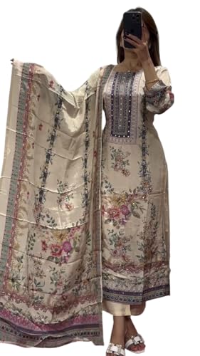 Image of by Pure Lilac Silk Orignal Mirror and Hand Work Kurti Suit Set.