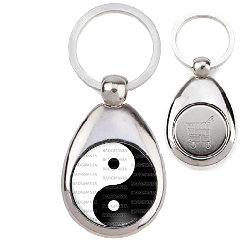 Badgmania Porte Clés Métal Goutte Jeton de Caddie Yin Yang Blanc Noir Harmonie Equilibre Feng Shui Paix Peace Amour Love