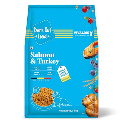 Bark Out Loud Adult Dry Dog Food for Small & Mini Breed ā Salmon & Turkey | Low Grain, Rich in Novel Protein & Prebiotics | Fresh Salmon, Super Herbs for Healthy Digestion |for Shihtzu, Poodle 1kg