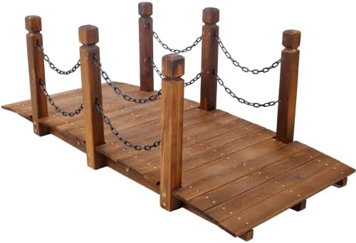 5 FT Wooden Garden Bridge: Classic Arc Footbridge with Chain Railings - Sturdy Fir Construction for Backyard Creek & Pond Decoration - Easy to Assemble Outdoor Landscape Bridge (Brown)