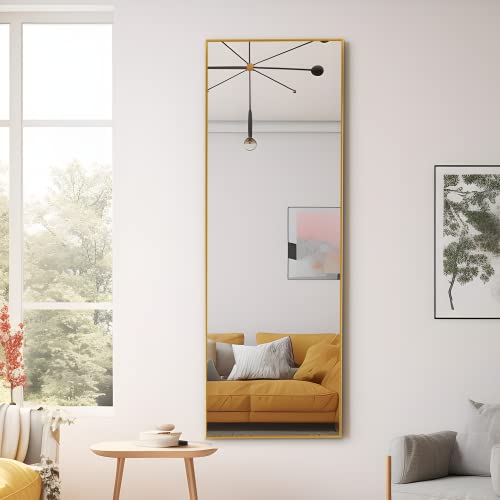 Image of NeuType 55 inchx16 inch Full Length Mirror with Standing Holder Aluminum Alloy Frame Floor Mirror Wall-Mounted Mirror for Living Room, Bedroom, Hanging or Leaning Against Wall, Golden (with Stand)