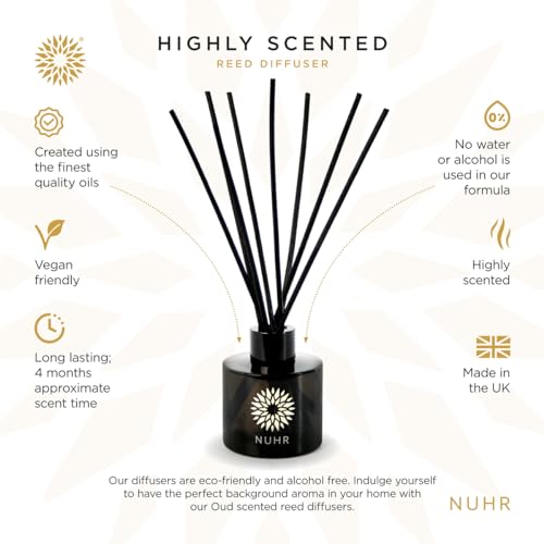 NUHR Home Reed Diffuser Oud Wood Sticks for Home Multi Note Fragrance - Long Lasting Aroma Perfect Reed Diffuser, Minimum of 4 Months, UK-Made- Gift Set 100ml