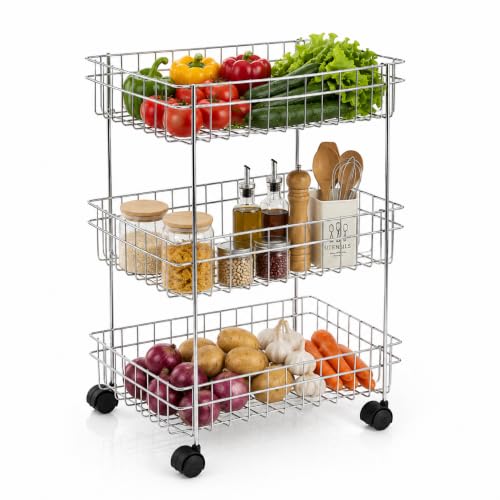 Image of TUNIS 3 Tier Stainless Steel Wire Storage Basket Trolley |Fruit & Vegetable Trolley with 360 Moving Wheels| Rack for Kitchen, Fruits, Vegetables & Grocery Storage, Movable Organizer Cart