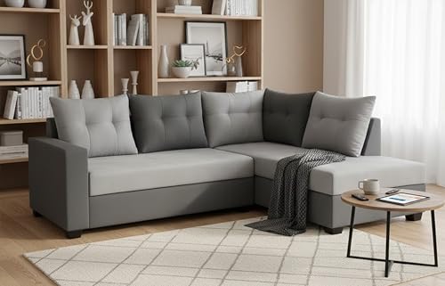 Image of SOCOZI Oriana 4 Seater RHS L Shape Sofa Set | Soft Velvet Suede Fabric | Modern Design | Plush Comfort Cushions for Living Room (Light Grey-Dark Grey)