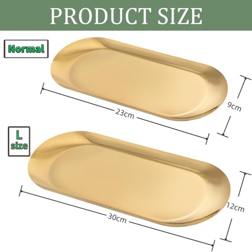 Image of Golden Stainless Steel Decorative Trays and Oval Jewelry Dishes (2 Pcs) | Elegant cosmetic vanity organizers, perfume and key storage holder trays for bathroom dresser counter.