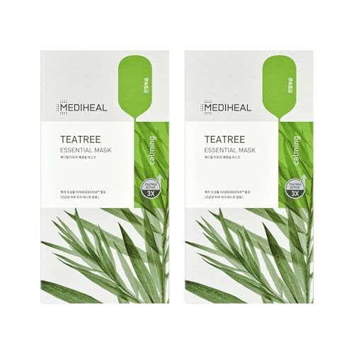 MEDIHEAL Teatree Care Solution Essential Mask, Pack of 10 Cotton Facial Sheet Mask with Tea Tree Oil and Cica Extracts, Moisturizing Facial Sheet Masks with Soothing Sensitive Skin and Sebum Control
