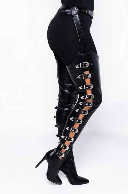 MissHeel Thigh High Belted Chap Boots with Bukles Sexy Over the Knee Stiletto Boots Side Zipper4