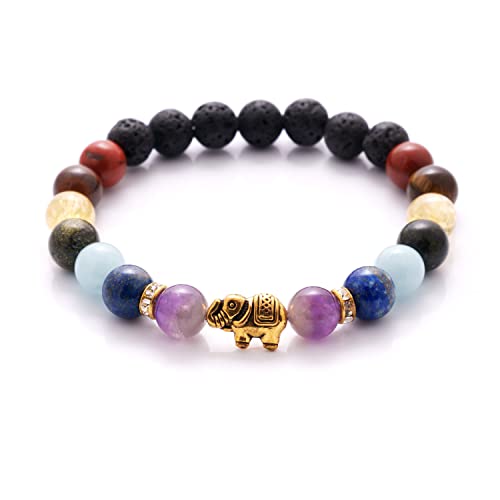 BERGERLIN 7 Chakren Armband mit echten 8mm Naturstein und Lavastein Perlen - 7 Chakra Armband mit Elefant - Größe XS-S