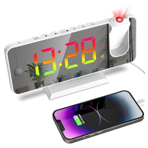 Petilleur Projection Alarm Clock, 180° Projector Clock on Ceiling, 7.4” Large Mirror RGB Color Digital LED Display, 5 Level Brightness Dimmer, Dual Alarm Clock for Bedroom Living Room (White)