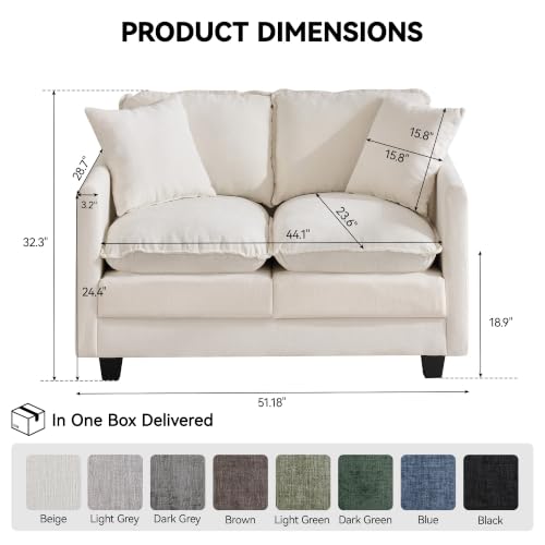 Image of 51'' Cloud Loveseat Couch, Love Seats Cloud Sofa with 2 Throw Pillows, Modern 2 Seater Sectional Couches with Deep Seat, Modular Sofas for Living Room, Bedroom, Small Apartment, Beige