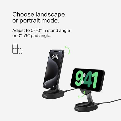 Image of Belkin Convertible Magnetic Charging Stand 15W - MagSafe-Compatible Qi2-Certified Wireless Charging Station, iPhone Charger for Apple iPhone 16 Series, Airpods Pro, & More, No PSU - Black (2-Pack)