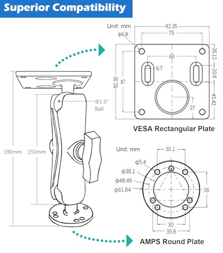 WINDFRD Aluminum 1.5" Ball Industrial Monitor Mount with VESA Plate, 75x75 mm, Television Holder for Truck, 360° Rotatable, Compatible with Ram Mount, iBOLT and More C Size Accessories