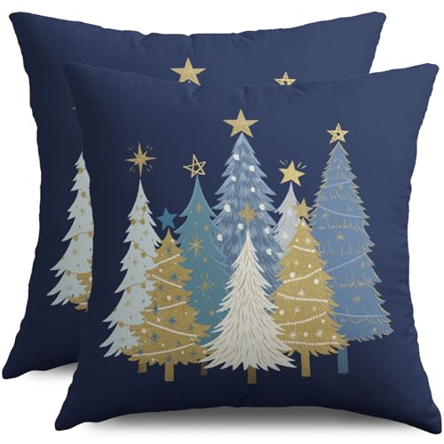 Smozenith Blue Christmas Pillow Covers 18X18 Set of 2 Winter Light Blue White Gold Xmas Tree Decorative Throw Pillowcases Holiday Outdoor Farmhouse Seasonal Cushion Cases Couch Sofa Bed Decor