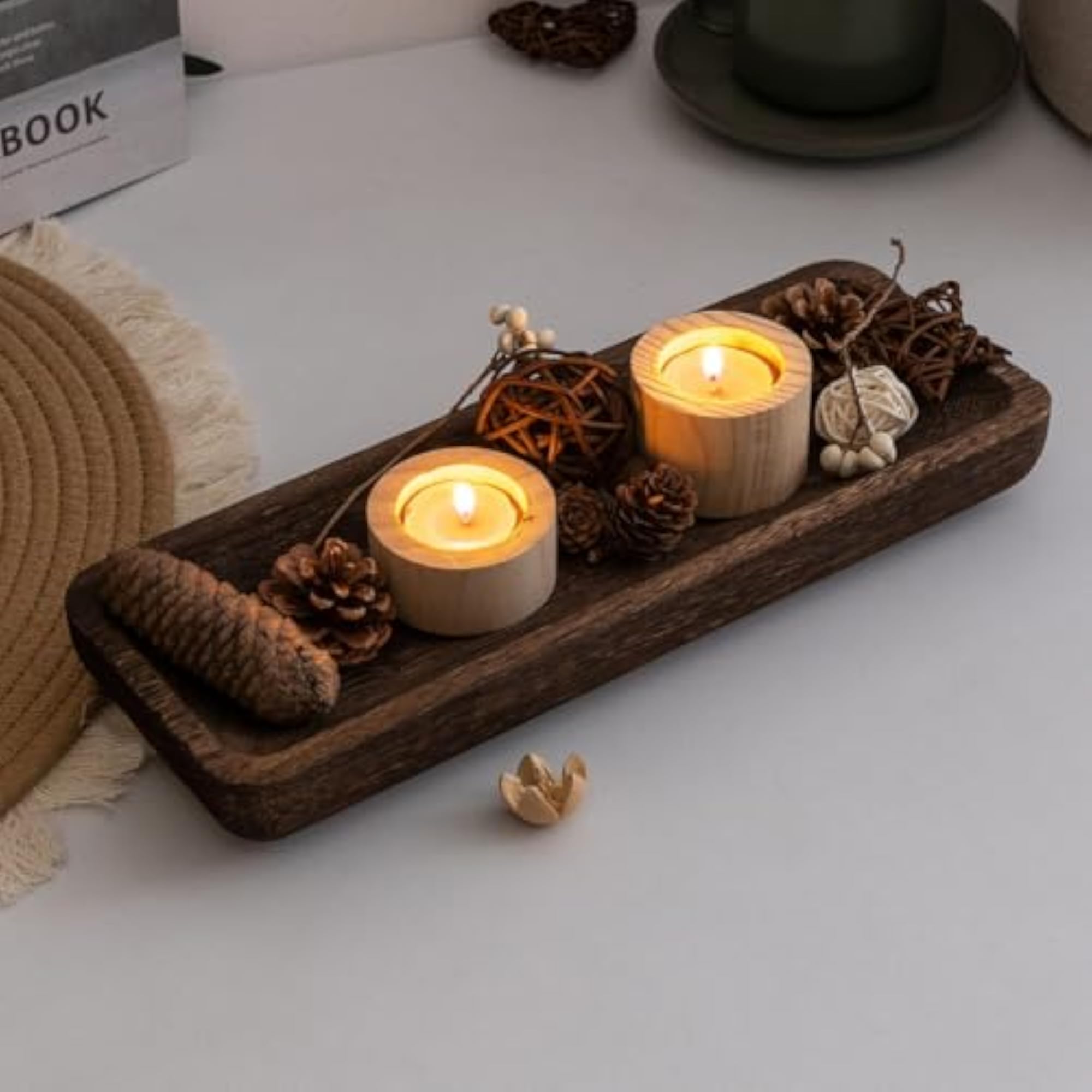 Burnished Rectangular Wooden Tray, Decorative Tabletop Accent