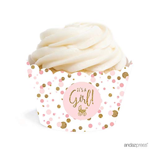 Andaz Press Blush Pink Gold Glitter Girl Baby Shower Party Collection, Cupcake Wrappers