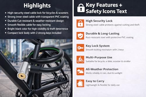 Image of Heavy Duty Steel Cable Lock - 50 cm Length, 5mm Thickness, Multipurpose Key Lock with 2 Keys - for Bikes, Cycles, Helmets, Scooters, Gates (Pack of 1)