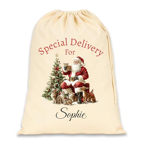 EKAM Personalised Santa Sack with Custom Name - Xmas Large 50x75cm Christmas Sack for Gifts - Christmas Eve Drawstring Bag - Xmas Gift Bag for Under Tree