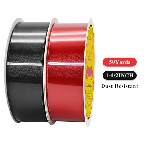 Image of 100 Yards Black Red Satin Ribbon Polyester Ribbon for Gift Wrapping Very Suitable for Weddings Party Hair Bow Invitation Decorations and More(1-1 /2 inch X 50Yards X 2 Roll)