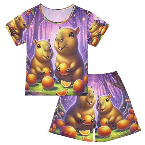 Capybara Orange Pajama Set Short Sleeve Pajamas Shorts Sets Cotton PJS 2 Piece Clothes Set 5Y