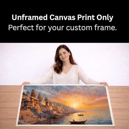 Image of KUNJ CART Spiritual Varanasi Ghat Painting on Canvas ( FRAMED & UNFRAMED OPTIONS ) | Artistic Abstract Oil Painting Banaras Scene with Boats | Kashi Vishwanath Ghat Spiritual Hindu God Wall Art | Ganga Arti River Traditional Art for Living Room Home Decor
