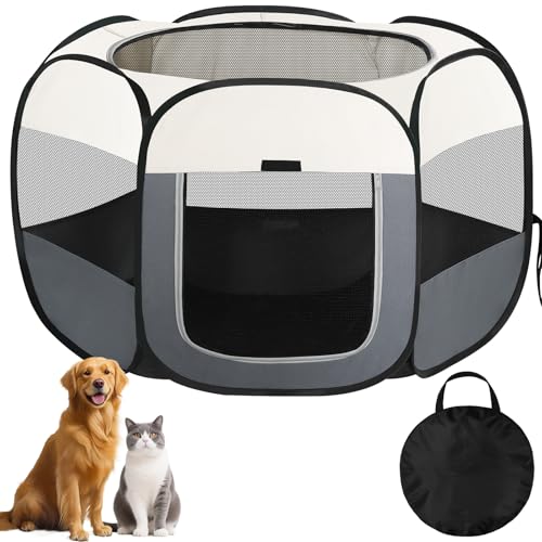 Recinto per Cani da Interno, Pieghevole Recinto per Gatti Cani Cuccioli Piccoli Animali, Gabbia per Gatti da Esterno in Tessuto Oxford con Borsa per il Trasporto, per Viaggi Campeggio Bianco Sporco M