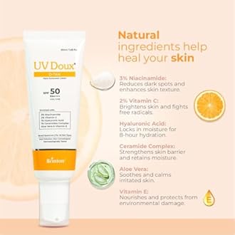 UV Doux D-Tan Aqua Sunscreen Lotion SPF 50 PA++++ | With Niacinamide, Vitamin C, Hyaluronic Acid, Ceramide, Aloe Vera & Vitamin E | Broad Spectrum | Benzene-Free | For Dry & Sensitive Skin | 50 ml