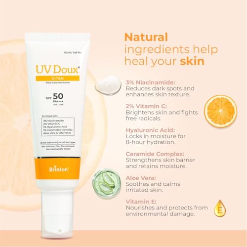 UV Doux D-Tan Aqua Sunscreen Lotion SPF 50 PA++++ | With Niacinamide, Vitamin C, Hyaluronic Acid, Ceramide, Aloe Vera & Vitamin E | Broad Spectrum | Benzene-Free | For Dry & Sensitive Skin | 50 ml