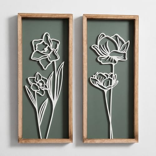 3D Floral Green Wall Art (Set of 2) Lightweight, Wooden Ready-to-Hang Boho Framed Wall Art for...