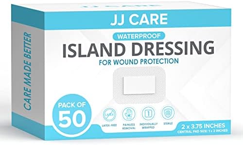 JJ CARE Waterproof Adhesive Island Dressing [Pack of 50], 2" x 3.75" Sterile Island Wound Dressing, Breathable Bordered Gauze Dressing, Individually Wrapped Latex Free Bandages, Non-Stick Central Pad