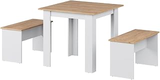 Vicco Set de Mesa de Comedor Sentio, Roble Blanco/Dorado, 80 x 80 cm con 2 Bancos