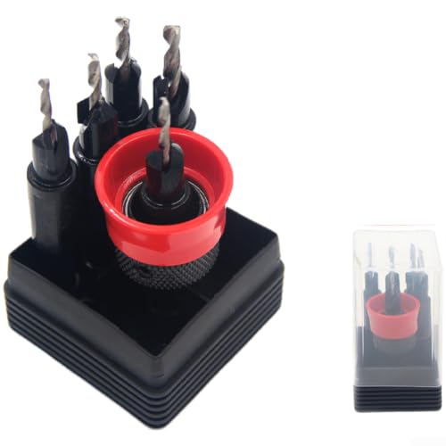Juego de brocas avellanadas de aleación de precisión, 5 piezas, color rojo con control de profundidad de rodamiento y vástago hexagonal para perforación de madera versátil e instalación de tornillos