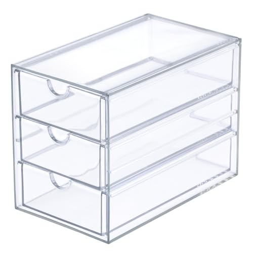 SUMTree Clear Hair Accessory Organizer Box with 3 Drawers, Plastic Hair Accessory Organizer Box, Hair Accessory Container for Bathroom, Closet, Desk, Office, 12.8 * 17.5 * 10.6cm