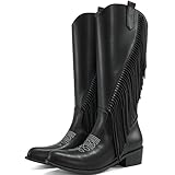 Larwen Western Cowgirl Boots Women: Knee High Wide Calf Fringe Cowboy Party Shoes for Country Concert
