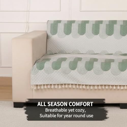 Image of STITCHNEST Quilted Velvet Sofa Cover with Tassels - 24x60 Inch, Green & White Wave Design, Soft & Elegant, Washable Sofa Protector for 1-Seater