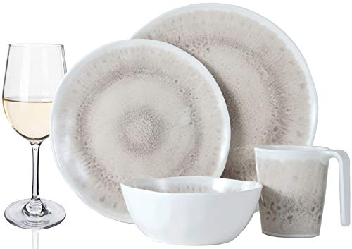 Vaisselle de camping en mélamine pour 4 personnes - Design enclume - 16 pièces + 4 verres à vin blanc - Vaisselle de table pour pique-nique, barbecue