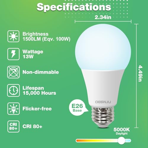 Image of LED Light Bulbs Daylight 5000K, 100 Watt Equivalent LED Bulbs, A19 Standard Bulbs, 1500 LM, 15000 Hours, E26 Base, Non-Dimmable, 13W LED Bulbs for Bedroom Living Room 48 Pack