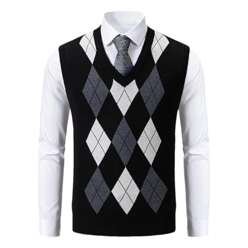 Men Plaid Contrast Sweater Vest V-Neck Sleeveless Casual Thick Pullover Kntted Waistcoat