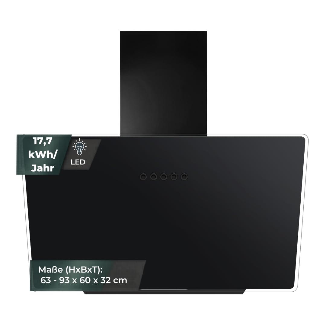 YUNA Dunstabzugshaube DUANA 60 cm Schwarz Glasfront 3 Leistungsstufen Abluft Umluft Kopffrei LED Beleuchtung Ohne Kohlefilter