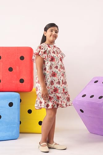 Image of Kids Girls Printed Embroidered Fusion Dress | Handmade Crafted Designer Ethnic Wear | 100% Cotton