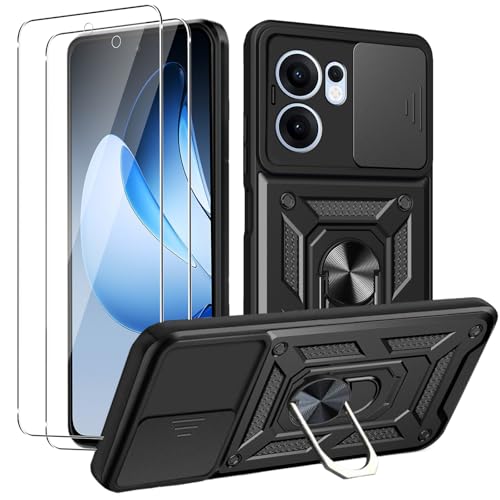 #ColaboraciónPagada<br>Funda para OPPO Reno 13F 5G/Reno 13 FS 5G + Cristal Templado Armor Carcasa Militar Antiarañazos con 360° Soporte de Anillo Antigolpes Carcasa con Cubierta de Cámara Deslizante Negro