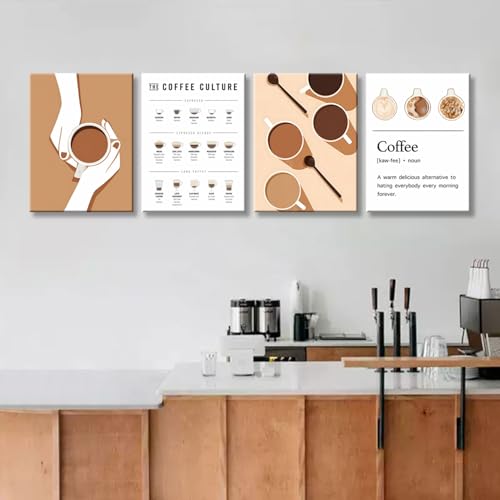 Image of NCYEL 4pcs Modern Minimalist Coffee Wall Art Kitchen Coffee Shop Pictures Simple Home Decor Aesthetic Posters Neutral Brown and Beige Bar Decor 12x16 Inch