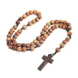 COLORFUL BLING Classic Natural Wood Beads Cross Pendant Necklace for Men Women Religious Rosary Jewelry Handmade Prayer Accessories-S2 dark