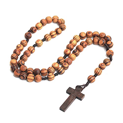 COLORFUL BLING Classic Natural Wood Beads Cross Pendant Necklace for Men Women Religious Rosary Jewelry Handmade Prayer Accessories-S2 dark