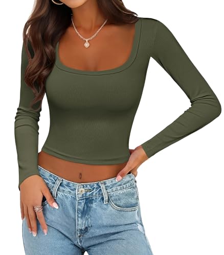 Ekouaer Womens Long Sleeve Square Neck Crop Top Ribbed Slim Fitted Going Out Y2K Tops Casual Basic Shirts Tee Army Green M