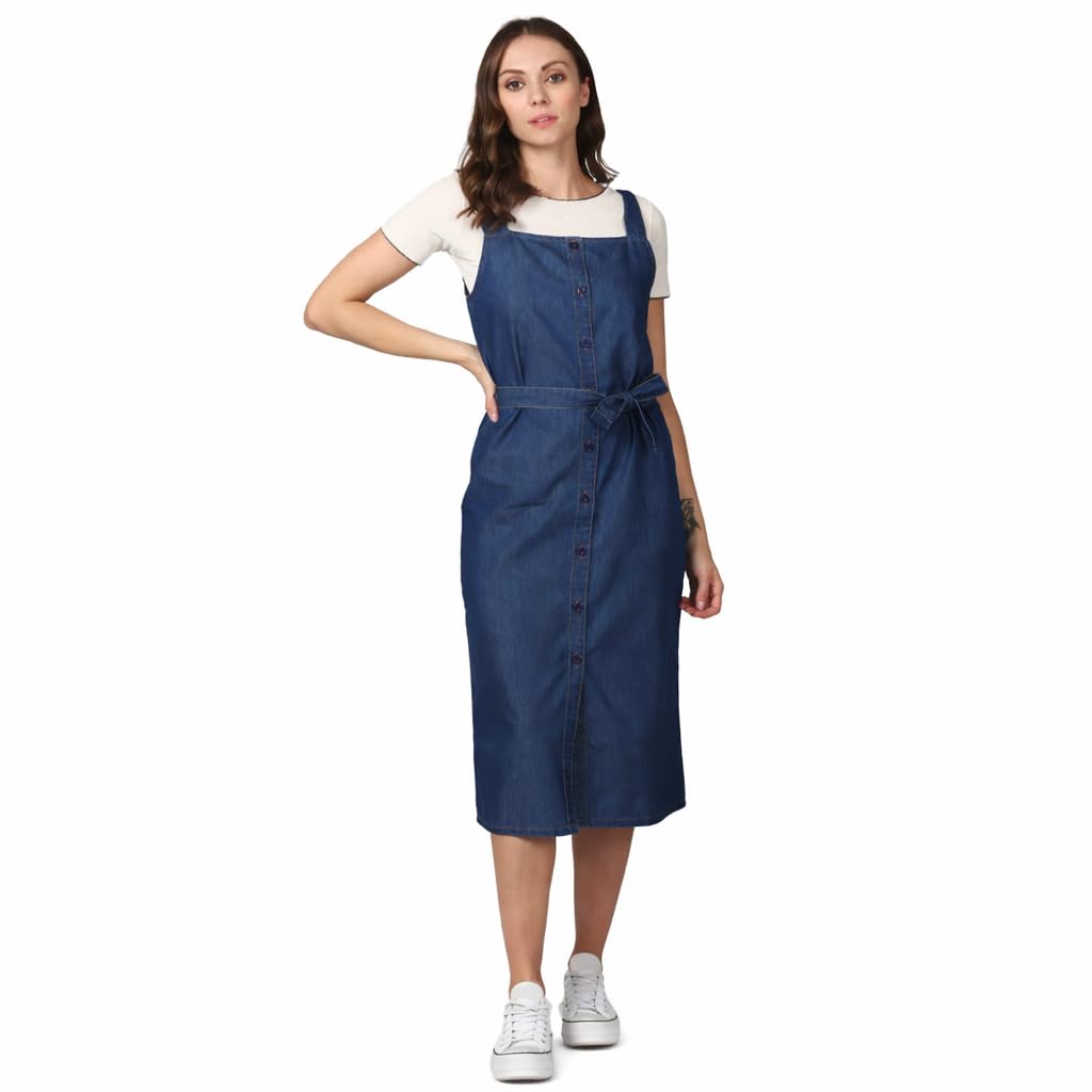 Women Denim Pinafore Midi Dress With Button Front And Waist | Desertcart  QATAR