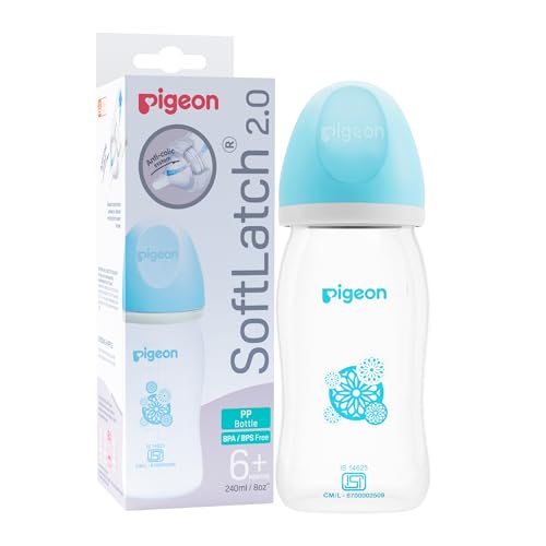 Image of Pigeon Softlatch 2.0 Wide Neck Feeding Bottle 240ML | Baby Milk Bottle for 6 Months to 3 Years | BPA-Free, Anti-Colic, Nipple Collapse-Resistant | Feeding Bottle for Kids & Toddlers (Blue Hood)
