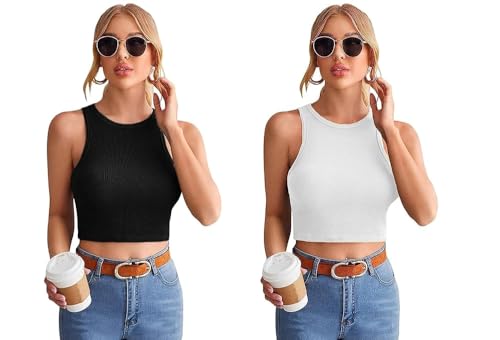 Image of Women's & Girl's Plain Black & White Tank Tops Crop Top (Set of 2)