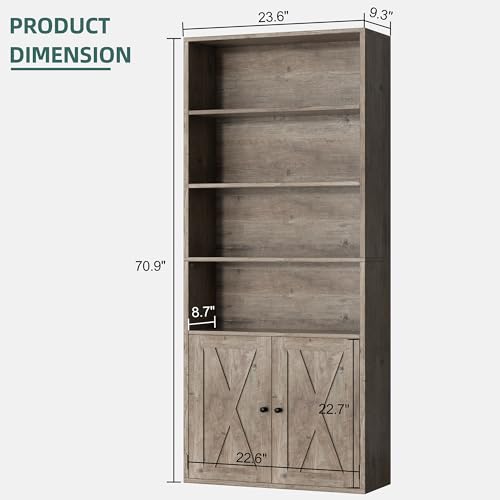 Image of Shintenchi Bookshelf, Industrial Bookshelves and Bookcases with Doors Floor Standing 6 Shelf Display Storage Shelves 70.6 inches Tall Bookcase for Home Office, Living Room (Grey)
