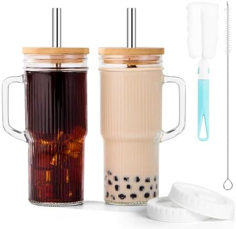 22oz Ribbed Glass Tumbler with Straw and Lid,Glass Cups with Handle,Stainless Steel Straws & Cleaning Brushes – Iced Coffee Cup for Smoothies, Tea, and Gifts, Set of 2